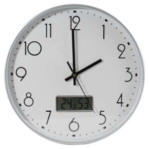 bismark reloj oficina con marcador digital de temperatura y humedad numeros negros cristal exterior manecillas de aluminio color blanco