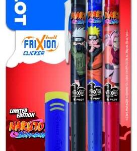 pilot frixion clicker naruto shippuden pack de 3 boligrafos de gel retractil borrable + borrador punta de bola 0.7mm trazo 0.4mm grip de agarre color azul, rojo y negro