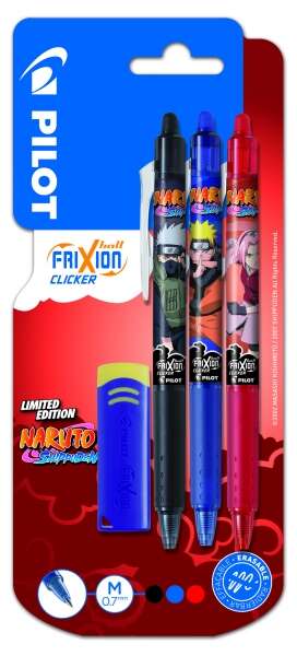 pilot frixion clicker naruto shippuden pack de 3 boligrafos de gel retractil borrable + borrador punta de bola 0.7mm trazo 0.4mm grip de agarre color azul, rojo y negro