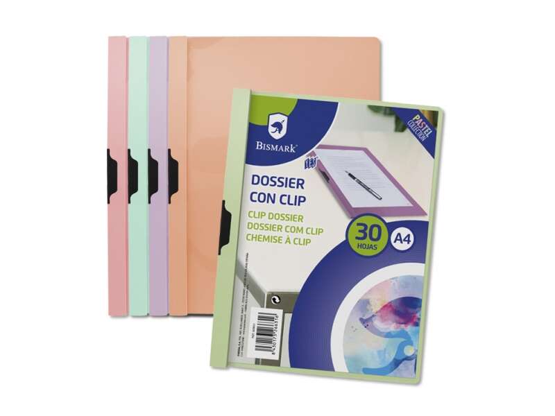 bismark dossier con clip a4 capacidad 30 hojas polipropileno transparente clip metalico lateral colores pastel surtidos