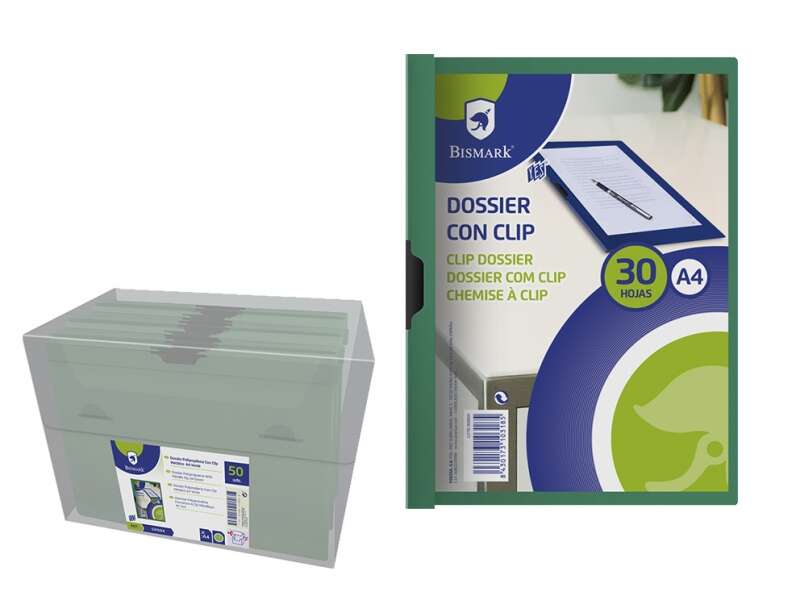 bismark dossier para 30 hojas a4 con clip metalico lateral polipropileno transparente color verde