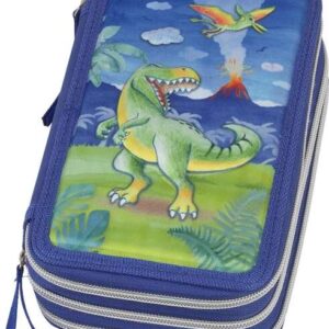 faber castell diseño dinosaurio estuche de 3 pisos con contenido de serie: goma de borrar, sacapuntas, lapiz de grafito hb, 2 boligrafos (azul y rojo), regla de 15cm, 18 lapices de colores, 18 rotuladores, tijera y barra de pegamento