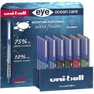 uni ball eye ocean care ub 150rop expositor de 36 boligrafos de tinta liquida punta de bola 0.5mm tinta pigmentada resistente al agua y luz sistema de control de tinta color surtido