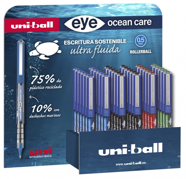 uni ball eye ocean care ub 150rop expositor de 36 boligrafos de tinta liquida punta de bola 0.5mm tinta pigmentada resistente al agua y luz sistema de control de tinta color surtido
