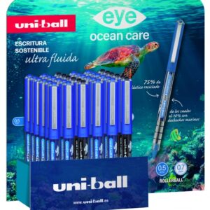uni ball eye ocean care ub150/157 expositor de 36 boligrafos punta de bola 0.5mm tinta pigmentada resistente al agua y luz sistema de control de tinta color surtido