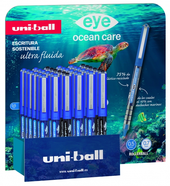 uni ball eye ocean care ub150/157 expositor de 36 boligrafos punta de bola 0.5mm tinta pigmentada resistente al agua y luz sistema de control de tinta color surtido