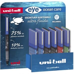 uni ball eye ocean care ub 1570rop expositor de 36 boligrafos de tinta liquida punta de bola 0.7mm trazo 0.5mm tinta pigmentada resistente al agua y luz color surtido