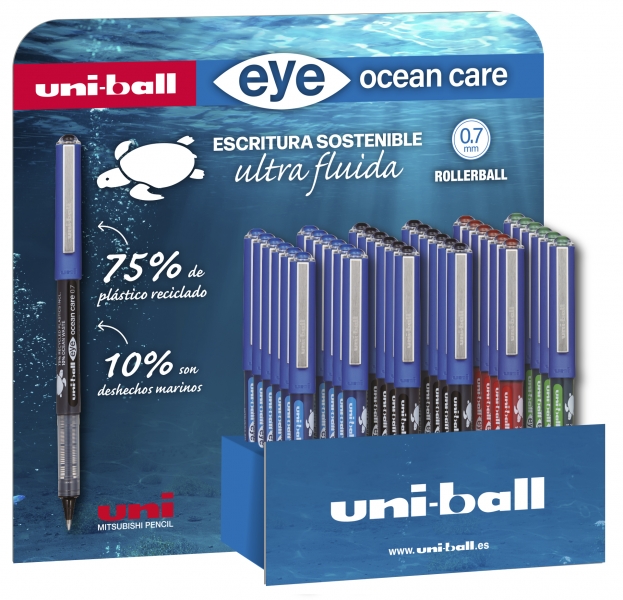 uni ball eye ocean care ub 1570rop expositor de 36 boligrafos de tinta liquida punta de bola 0.7mm trazo 0.5mm tinta pigmentada resistente al agua y luz color surtido