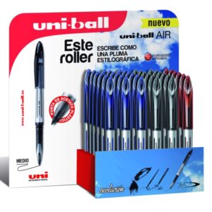 uni ball air 188 expositor de 36 rollerballs punta de bola 0.7mm escritura como pluma estilografica tinta pigmentada resistente al agua y luz colores surtidos