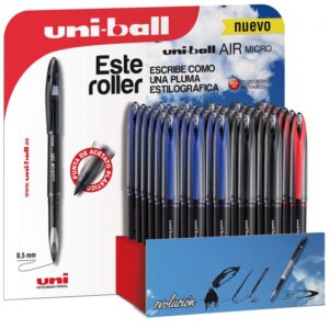 uni ball air micro 188 expositor de 36 rollerballs punta de acetato plastico 0.5mm escribe como pluma estilografica tinta pigmentada resistente al agua y luz colores surtidos
