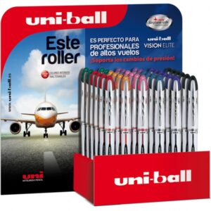 uni ball vision elite ub 200 expositor de 36 rollerballs de tinta liquida punta de bola 0.8mm sistema antifugas para viajes cartucho recambiable color surtido