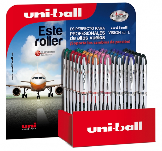 uni ball vision elite ub 200 expositor de 36 rollerballs de tinta liquida punta de bola 0.8mm sistema antifugas para viajes cartucho recambiable color surtido