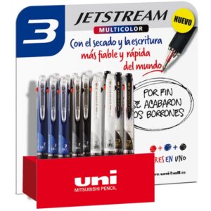 uni ball sxe3 400 10 jetstream expositor de 15 boligrafos tricolor punta de bola 1mm boligrafo con 3 colores de tinta, negro, azul y rojo secado instantaneo colores surtidos