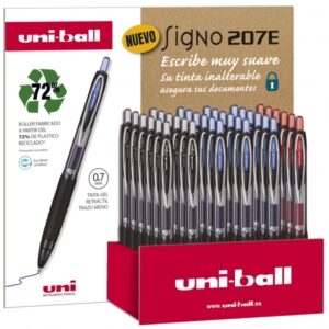 uni ball signo 207e expositor de 36 boligrafos de tinta gel punta de bola 0.7mm grip de caucho antifatiga tinta a prueba de manipulaciones colores surtidos