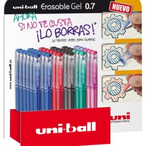 uni ball erasable uf 222 expositor de 36 rollers de gel borrable punta de bola 0.7mm tinta termosensible doble goma borradora colores surtidos