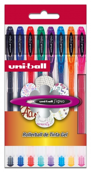 uni ball signo basico pack de 8 boligrafos de tinta gel punta de bola 0.7mm tinta resistente al agua y luz colores surtidos