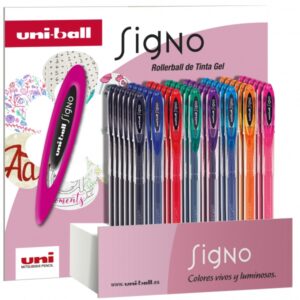uni ball signo expositor de 48 rollers de tinta gel punta de bola 0.7mm tinta resistente al agua y luz colores surtidos