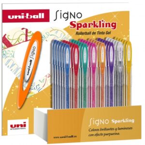 uni ball signo sparkling expositor de 48 boligrafos de tinta gel punta de bola 1mm tinta pigmentada resistente al agua y luz colores surtidos