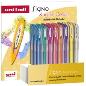uni ball signo angelic expositor de 48 rollers de tinta gel punta de bola 0.7mm tinta resistente al agua y luz escribe en papel negro y blanco colores surtidos