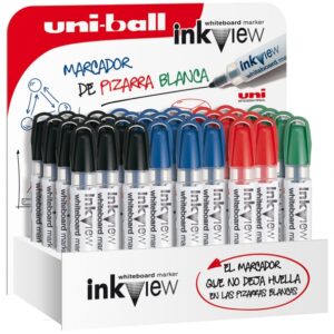 uni ball inkview pwb 202 expositor de 36 marcadores de pizarra blanca punta conica 1.8 2.2mm zona transparente para nivel de tinta escritura brillante y facil borrado color surtido