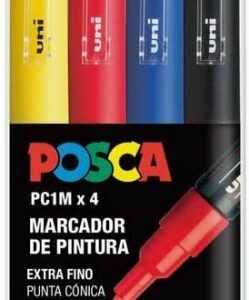 posca pc1m pack de 4 marcadores de pintura punta conica 0.7mm tinta base al agua no permanente resistente a la luz colores amarillo, rojo, azul y negro