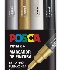 posca pc1m pack de 4 marcadores de pintura punta conica de 0.7mm tinta base al agua no permanente resistente a la luz inodoro ideal para carteleria y decoracion colores plata, oro, blanco y negro
