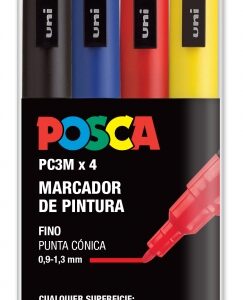 posca pc3m pack de 4 marcadores de pintura punta conica 0.9 1.3mm tinta base al agua resistente a la luz no permanente ideal para carteleria y decoracion colores negro, azul, rojo y amarillo