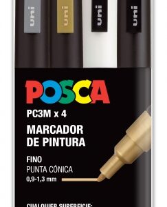 posca pc3m pack de 4 marcadores de pintura punta conica 0.9 1.3mm tinta base al agua resistente a la luz no permanente ideal para carteleria y decoracion colores plata, oro, blanco y negro