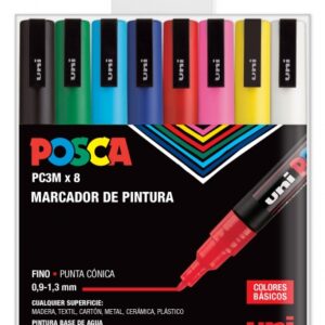 posca pc3m pack de 8 marcadores de pintura punta conica 0.9 1.3mm tinta base al agua resistente a la luz no permanente ideal para carteleria y decoracion colores surtidos