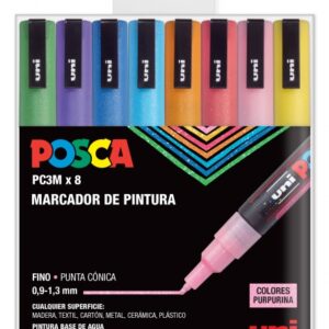 posca pc3ml pack de 8 marcadores de pintura punta conica 0.9 1.3mm tinta base al agua resistente a la luz ideal para carteleria y decoracion colores purpurina surtidos