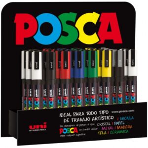 posca pc3m expositor de 36 marcadores de pintura punta conica de poliester 0.9 1.3mm tinta base al agua resistente a la luz no permanente colores surtidos