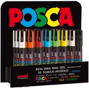 posca pc3m expositor de 36 marcadores de pintura punta conica de poliester 0.9 1.3mm tinta base al agua resistente a la luz no permanente colores surtidos