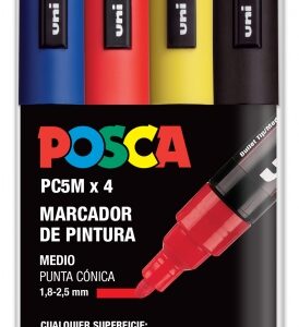 posca pc 5m pack de 4 marcadores de pintura punta de bala 1.8 2.5mm tinta base al agua no permanente resistente a la luz colores azul, rojo, amarillo y negro