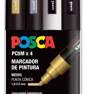 posca pc 5m pack de 4 marcadores de pintura punta de bala 1.8 2.5mm tinta base al agua no permanente resistente a la luz colores oro, plata, blanco y negro