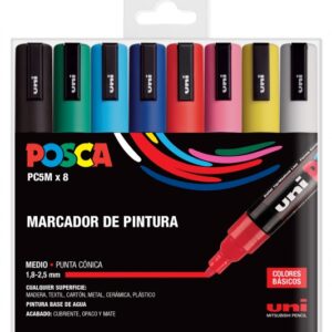 posca pc 5m/8c estuche de 8 marcadores de pintura punta de poliester 1.8 2.5mm tinta base al agua resistente a la luz no permanente color surtido