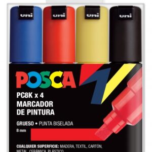 posca pc 8k estuche de 4 marcadores de pintura punta biselada acrilica 8mm tinta base al agua no permanente resistente a la luz inodoro ideal para carteleria y decoracion color surtido