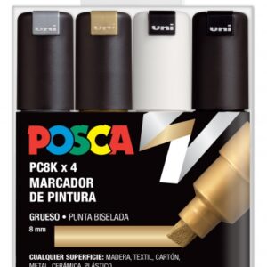 posca pc 8k estuche de 4 marcadores de pintura punta biselada acrilica 8mm tinta base al agua resistente a la luz color surtido