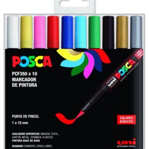 posca pcf 350/10c estuche de 10 marcadores de pintura base al agua punta acrilica estilo pincel no permanente resistente a la luz inodoro ideal para carteleria y decoracion color surtido