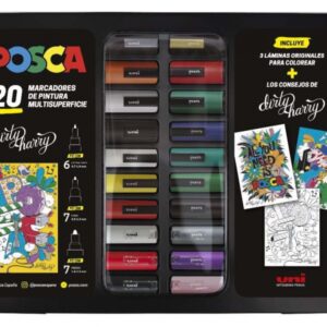 posca maleta metalica con 20 marcadores de pintura surtido en color y trazo punta de poliester tinta pigmentada base agua resistente a la luz incluye laminas y consejos de dirty harry colores surtidos