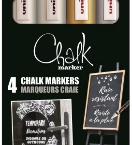 uni ball chalk pwe 5m pack de 4 marcadores de tiza liquida punta conica 1.8 2.5mm borrado en humedo resistente a la lluvia y exteriores colores blanco, oro y plata