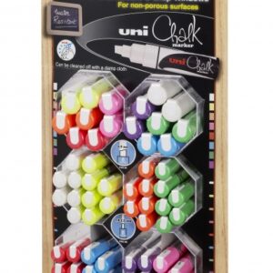 uni ball pwe 5m/8k expositor de 60 marcadores de tiza liquida punta biselada 8mm borrado en humedo resistente a la lluvia color surtido