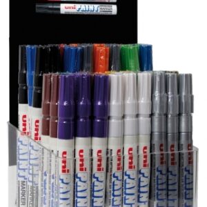 uni ball px 21 expositor de 54 marcadores de pintura punta acrilica de bala 0.8 1.2mm linea fina cuerpo de aluminio tinta permanente resistente a luz y agua colores surtidos