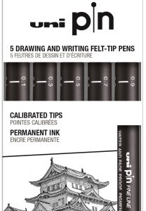 uni ball uni pin clasico i pack de 5 de rotuladores calibrados 0.1, 0.3, 0.5, 0.7 y 0.9 punta poliacetal tinta pigmentada resistente al agua y luz color negro