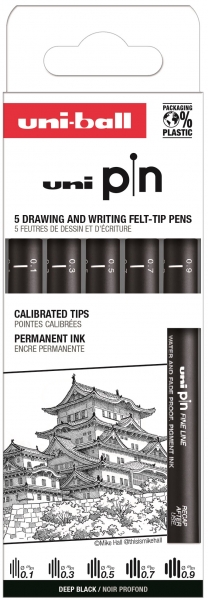 uni ball uni pin clasico i pack de 5 de rotuladores calibrados 0.1, 0.3, 0.5, 0.7 y 0.9 punta poliacetal tinta pigmentada resistente al agua y luz color negro
