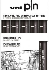 uni ball uni pin clasico ii pack de 5 de rotuladores calibrados 0.2, 0.4, 0.6, 0.8 y 1.0 punta poliacetal tinta pigmentada resistente al agua y luz color negro