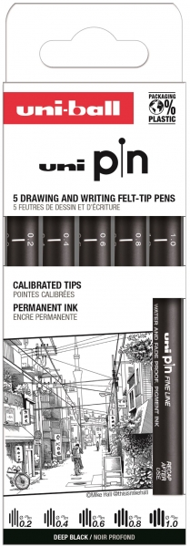 uni ball uni pin clasico ii pack de 5 de rotuladores calibrados 0.2, 0.4, 0.6, 0.8 y 1.0 punta poliacetal tinta pigmentada resistente al agua y luz color negro
