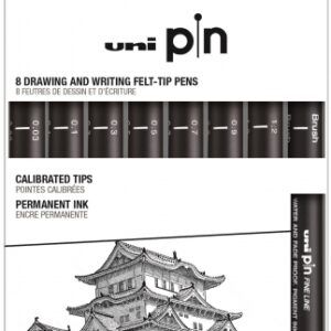 uni ball uni pin clasico i pack de 8 rotuladores calibrados 0.03, 0.1, 0.3, 0.5, 0.7, 0.9, 1.2 y brush punta poliacetal tinta pigmentada resistente al agua y luz color negro