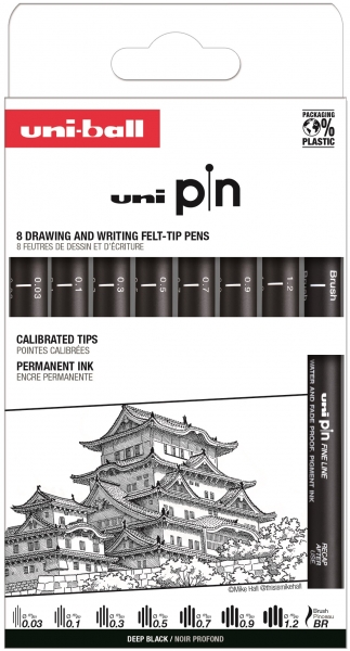 uni ball uni pin clasico i pack de 8 rotuladores calibrados 0.03, 0.1, 0.3, 0.5, 0.7, 0.9, 1.2 y brush punta poliacetal tinta pigmentada resistente al agua y luz color negro
