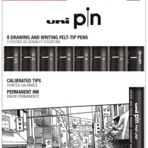 uni ball uni pin clasico ii pack de 8 rotuladores calibrados 0.05, 0.2, 0.4, 0.6, 0.8, 1.0, 1.2 y brush punta poliacetal tinta pigmentada resistente al agua y luz color negro