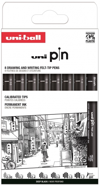 uni ball uni pin clasico ii pack de 8 rotuladores calibrados 0.05, 0.2, 0.4, 0.6, 0.8, 1.0, 1.2 y brush punta poliacetal tinta pigmentada resistente al agua y luz color negro